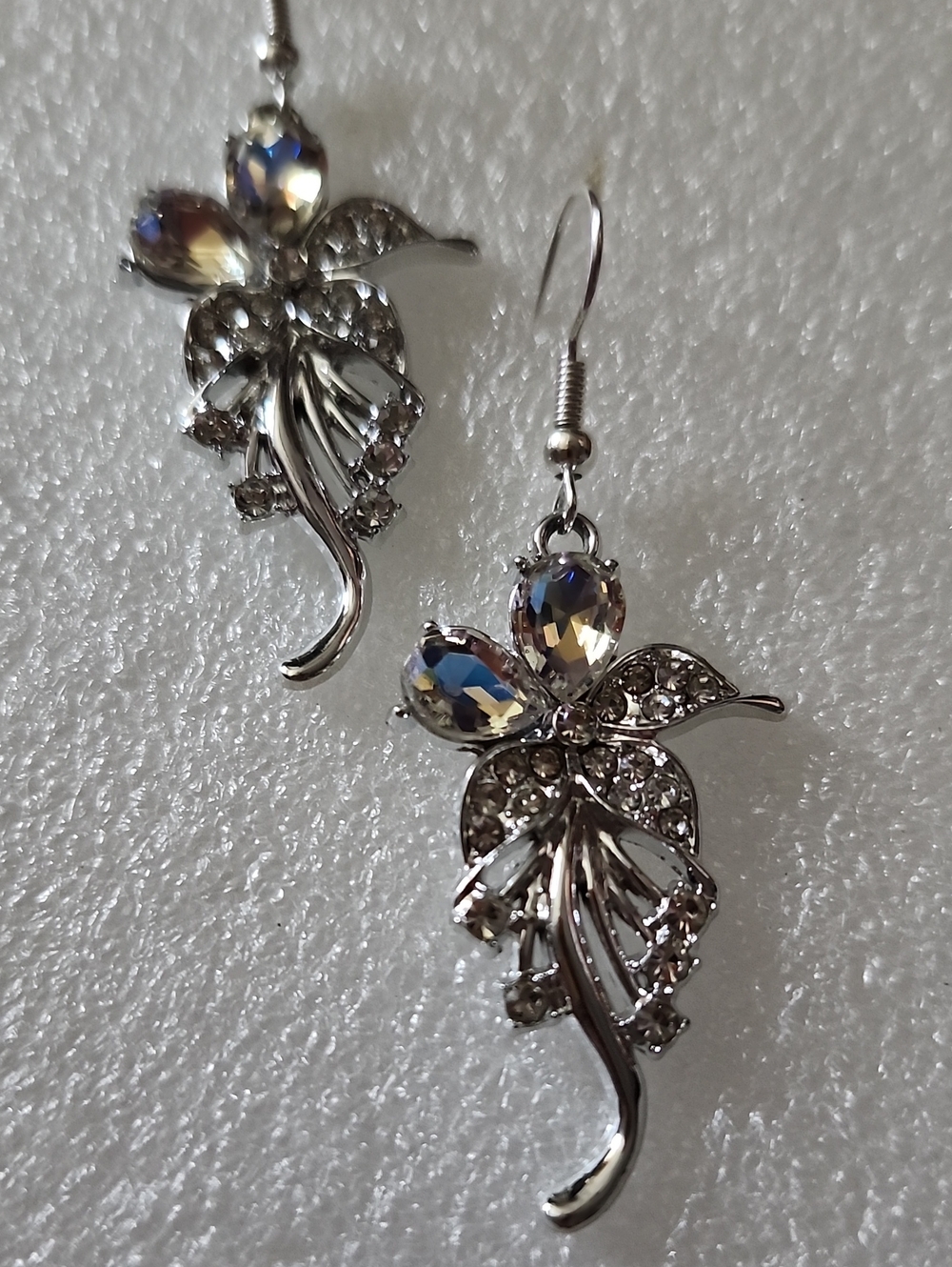 Hand Crafted Silver Floral Drop Earrings with Iridescent Stones